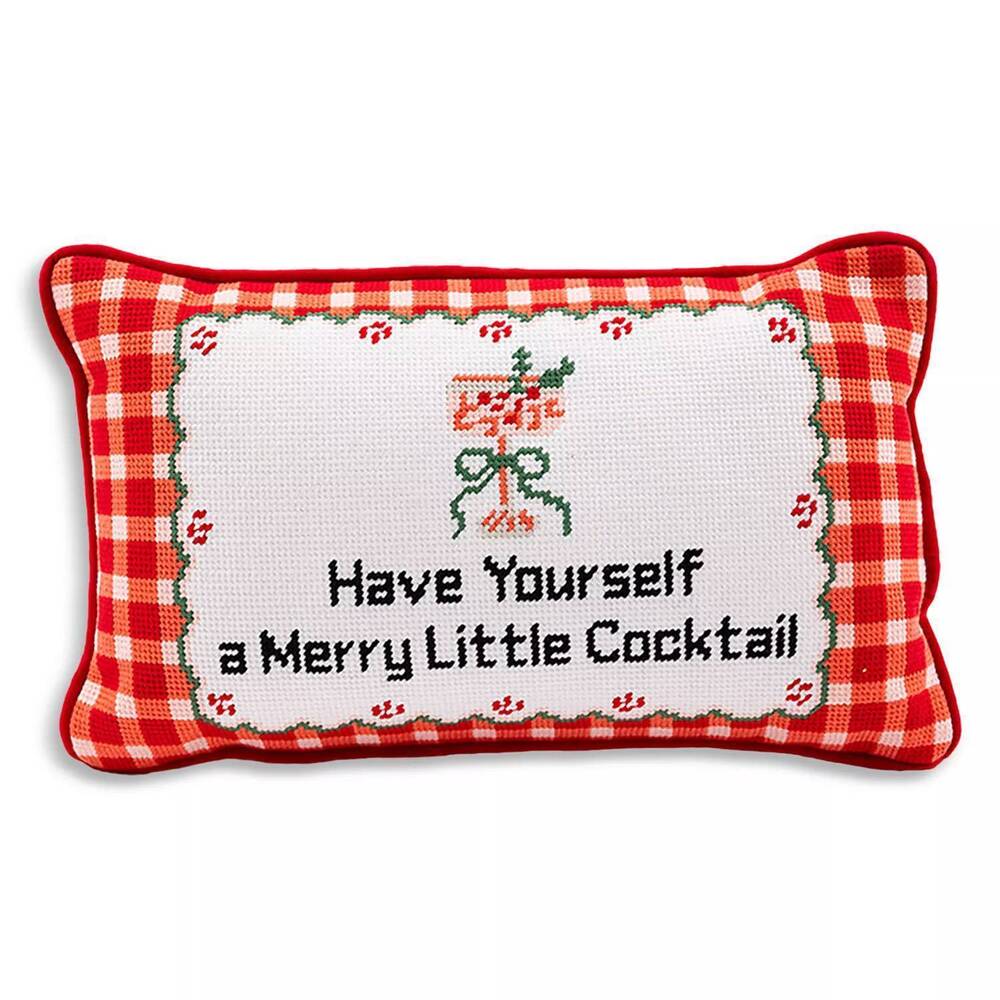 NEW FURBISH STUDIO merry little cocktail needlepoint pillow in red, green & whit
